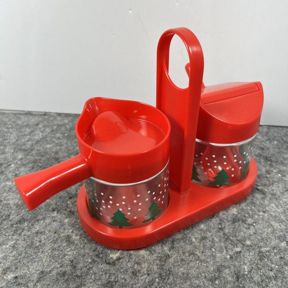 Vintage 1970’s Gemco Cream And Sugar Glass Set w/ Holder Spoon Christmas Trees - Picture 3 of 12